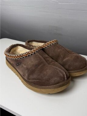 UGG Men's Brown Suede Slip-On Mule with Shearling Trim